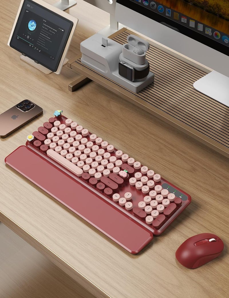 Trueque Wireless Keyboard and Mouse Combo - Cute Typewriter Keyboard with Detachable Wrist Rest, Retro Round Keycaps, Foldable Legs, 2.4GHz Full-Size Keyboard for PC, Laptop, Windows - (Wine Red) - Image 2